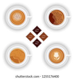 Coffee table set. Coffee cups, chocolates. Cappuccino, espresso. Vector illustration