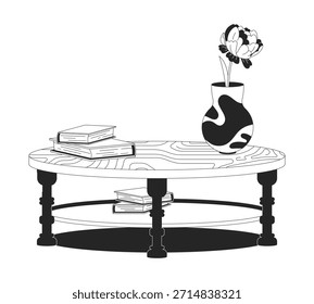 Coffee table styling with vase and books 2D line object. Wooden surface with peony flower, bookstack. Reading nook furniture isolated clipart vector ink outline item. Monochrome spot illustration
