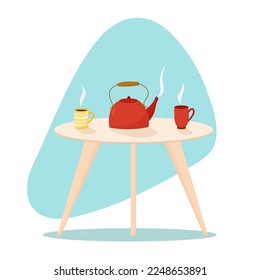 Coffee table with teapot and ceramic cups. Tea time  or coffee set on table in living room with cups of hot drinks and red teapot. Flat vector illustration.