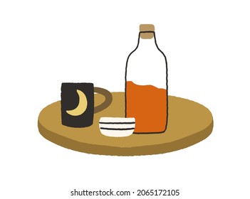 Coffee table top with glass corked bottle with juice, tea cup, bowl and mug composition. Homemade lemonade, teacup and teabowl. Colored flat vector illustration isolated on white background