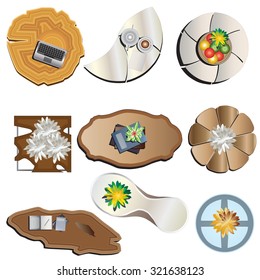 Coffee table top view set for interior, vector illustration