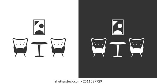 Mesa de café, duas poltronas e cartaz na parede. Ícone de vetor. Versão linear em preto e branco