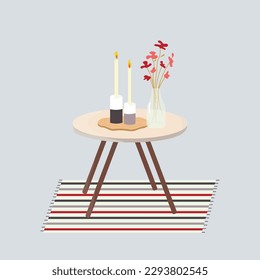 Coffee table with vase, candles, flowers and carpet. Scandinavian minimalism style. Colored flat vector illustration isolated on white background. Cartoon style