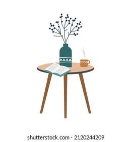 Coffee table and vase with dried flowers. Book and steaming drink on coffee table. Interior design element on white isolated background. Flat vector illustration.