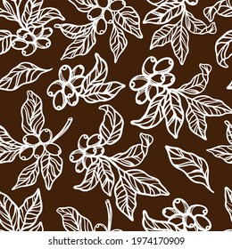 COFFEE TABLECLOTH Branches Of Coffee Tree With Berries And Leaves In Brown Monochrome Design Hand Drawn Sketch Seamless Pattern Vector Illustration For Print