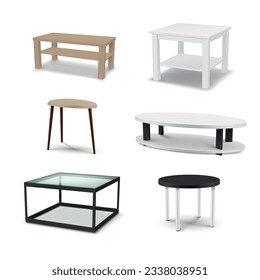Coffee tables desk different shape wood metal and glass set realistic vector illustration. Contemporary low dining furniture home lounge living room office interior comfortable decoration with legs