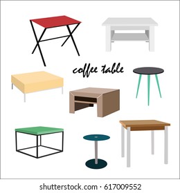 coffee tables in different styles and colors. Danish, modern, vintage, retro, wooden. Realistic looking.hand drawn in beautiful style. Interior design and home decor.