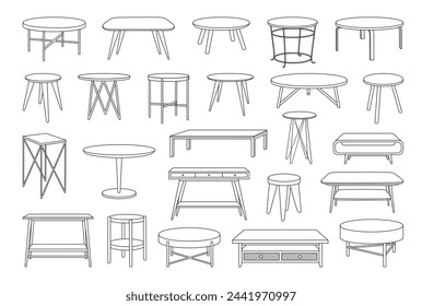 Conjunto de iconos de esquema de mesas de café. Mesas de arte de línea para la decoración de la sala de estar. Dibujos lineales de moda de mesas redondas y rectangulares. Ilustración vectorial monocromática de contorno aislada sobre fondo blanco.