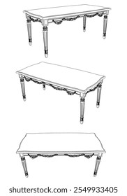Mesa de café ícone de contorno conjunto. Mesas de arte para decoração de sala de estar. Elegante barroco e clássico esboços lineares tabelas. Ilustração vetorial de contorno isolada no plano de fundo branco.