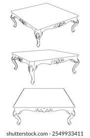 Mesa de café ícone de contorno conjunto. Mesas de arte para decoração de sala de estar. Elegante barroco e clássico esboços lineares tabelas. Ilustração vetorial de contorno isolada no plano de fundo branco.