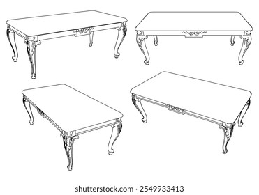 Mesa de café ícone de contorno conjunto. Mesas de arte para decoração de sala de estar. Elegante barroco e clássico esboços lineares tabelas. Ilustração vetorial de contorno isolada no plano de fundo branco.