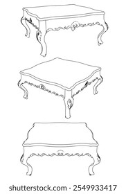 Coffee tables outline icon set. Line art tables for living room decor. Elegant baroque and classical linear sketches tables. Outline vector illustration isolated on white background.