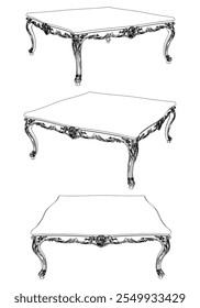 Coffee tables outline icon set. Line art tables for living room decor. Elegant baroque and classical linear sketches tables. Outline vector illustration isolated on white background.