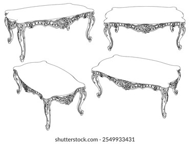 Conjunto de iconos de contorno de mesas de café. Mesas de arte de línea para la decoración de la sala de estar. Mesas de bocetos lineales barrocos y clásicos elegantes. Ilustración vectorial de contorno aislado sobre fondo blanco.