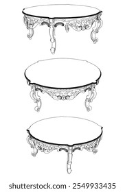 Coffee tables outline icon set. Line art tables for living room decor. Elegant baroque and classical linear sketches tables. Outline vector illustration isolated on white background.