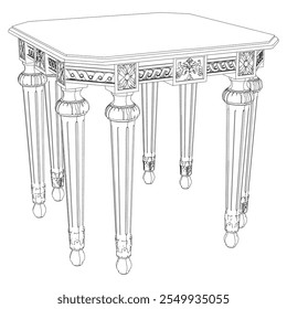 Coffee tables outline icon set. Line art tables for living room decor. Elegant baroque and classical linear sketches tables. Outline vector illustration isolated on white background.