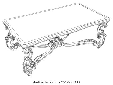 Mesa de café ícone de contorno conjunto. Mesas de arte para decoração de sala de estar. Elegante barroco e clássico esboços lineares tabelas. Ilustração vetorial de contorno isolada no plano de fundo branco.