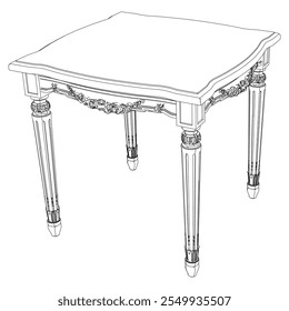 Conjunto de iconos de contorno de mesas de café. Mesas de arte de línea para la decoración de la sala de estar. Bocetos lineales de estilo barroco y clásico de mesas redondas y rectangulares. Vector de contorno aislado sobre fondo blanco.