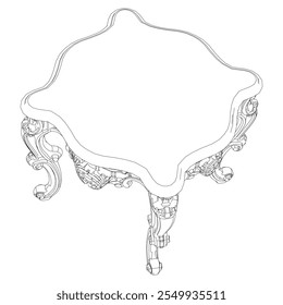 Mesa de café ícone de contorno conjunto. Mesas de arte para decoração de sala de estar. Esboços lineares de estilo barroco e clássico de mesas redondas e retangulares. Vetor de contorno isolado em plano de fundo branco.