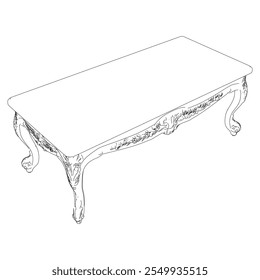 Coffee tables outline icon set. Line art tables for living room decor. Baroque and classic style linear sketches of round and rectangular tables. Outline vector isolated on white background.