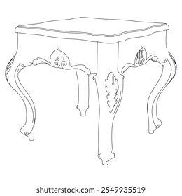 Conjunto de iconos de contorno de mesas de café. Mesas de arte de línea para la decoración de la sala de estar. Bocetos lineales de estilo barroco y clásico de mesas redondas y rectangulares. Vector de contorno aislado sobre fondo blanco.