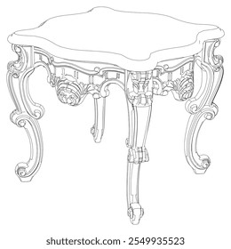 Coffee tables outline icon set. Line art tables for living room decor. Baroque and classic style linear sketches of round and rectangular tables. Outline vector isolated on white background.
