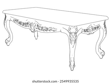 Coffee tables outline icon set. Line art tables for living room decor. Baroque and classic style linear sketches of round and rectangular tables. Outline vector isolated on white background.