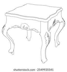 Coffee tables outline icon set. Line art tables for living room decor. Baroque and classic style linear sketches of round and rectangular tables. Outline vector isolated on white background.