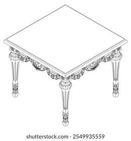 Gliederungssymbolsatz für Kaffeetabellen. Line Art Tische für Wohnzimmer Dekor. Lineare Skizzen von runden und rechteckigen Tischen im Barock- und klassischen Stil. Gliederungsvektor einzeln auf weißem Hintergrund.