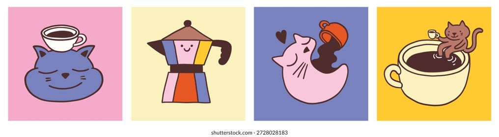 Café para llevar, café. Conjunto de carteles cuadrados, postales. Ilustraciones vectoriales de amantes del café. Personaje de gato, moka pot, garabatos de taza. Rutina diaria para Anuncios en redes sociales, material de marketing.