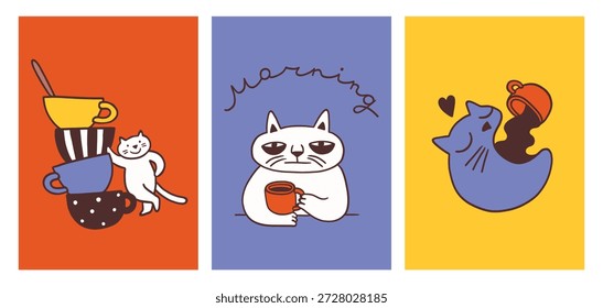 Café leve embora, café. Conjunto de cartazes, cartões postais, selos postais. Ilustrações vetoriais de amantes do café. Personagem de gato bebendo café, rabiscos de caneca. Rotina diária para banners de mídia social, marketing.
