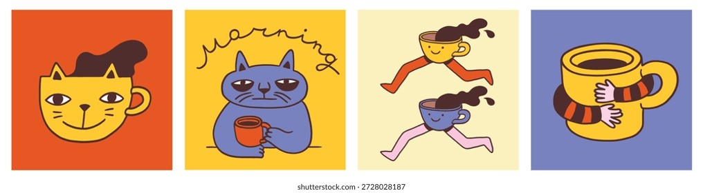 Café para llevar, café. Conjunto de carteles cuadrados, postales. Ilustraciones vectoriales de amantes del café. Carácter del gato, mala mañana, tazas con las piernas, manos, taza abrazada. Anuncios de redes sociales, anuncios de cafeterías.
