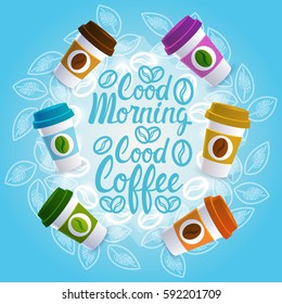 Coffee Take Away Cup Break Breakfast Drink Beverage Set Flat Vector Illustration