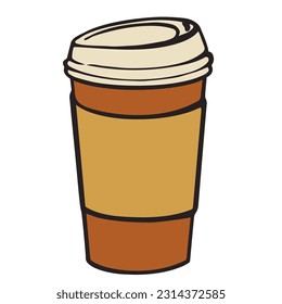 Coffee take away cup. Coffee to go. Paper takeaway cup with plastic lid line vector  illustration on white background for poster, coffee shop design. 