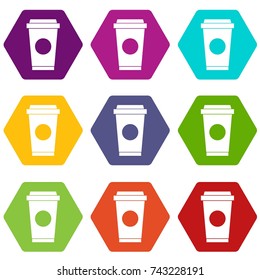 Coffee in take away cup icon set many color hexahedron isolated on white vector illustration