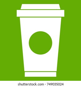 Coffee in take away cup icon white isolated on green background. Vector illustration