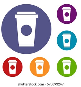 Coffee in take away cup icons set in flat circle reb, blue and green color for web