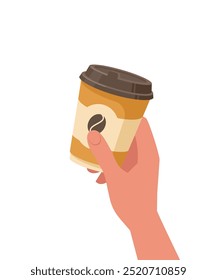 Café para llevar ilustración de stock de mano. Toma de mano sosteniendo la taza de café caliente, cafetería de negocios, diseño plano. Ilustración vectorial. ilustración de stock