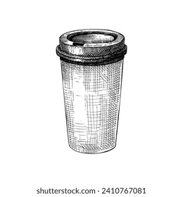 Coffee take away. Hot drink in paper cup sketch. Fast food drawing. Food delivery design element.