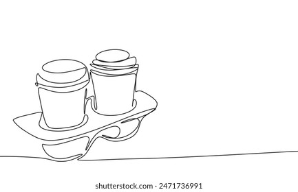 Coffee take away one line continuous. Line art Two coffee take away. Hand drawn vector art.