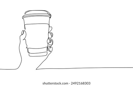 Coffee take away one line continuous. Coffee in hand line art. Hand drawn vector art.