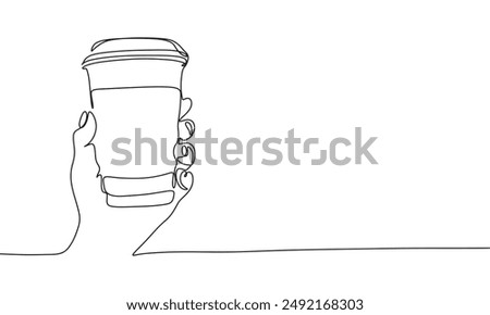Coffee take away one line continuous. Coffee in hand line art. Hand drawn vector art.
