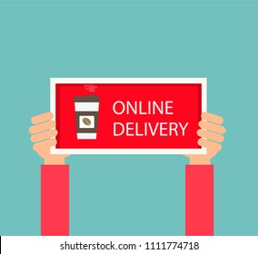 Coffee Take Away Order concept. Man holding plate with Online Delivery Words, vector illustration