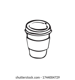 Coffee take away paper cup simple black and white vector illustration for advertising. Minimal simple monochrome doodle isolated on white 