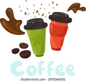 Coffee take away paper cups. Illustration template for brand identity design. Green and red cardboard coffee cups. Flat dynamic style. Disposable plastic, coffee beans and splashes of hot drinks.