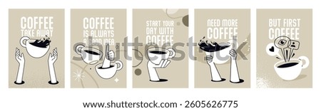 Coffee take away. Set of posters. Vector illustrations of people enjoying free time, drinking coffee, daily routine for social media banners, marketing material, restaurants and coffee bars ads.