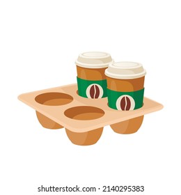 Coffee take away, two cups in cup holder. Vector illustration cartoon flat icon isolated on white background.