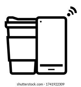 Icono de vector del café con móvil, iconos delgados, ilustración vectorial plana.