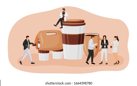 Coffee take out flat concept vector illustration. Coffeeshop take away. Employees meeting for lunch. Office workers with drinks 2D cartoon characters for web design. Tea to go creative idea