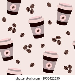 Coffee takeaway cup and coffee beans - trendy seamless pattern vector illustration isolated on white background
